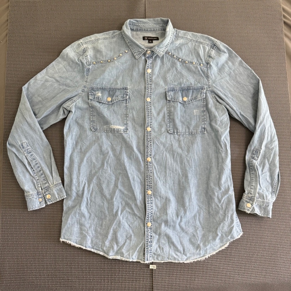 INC International Concepts Mens Studded Distressed Denim Shirt Light Wash XL